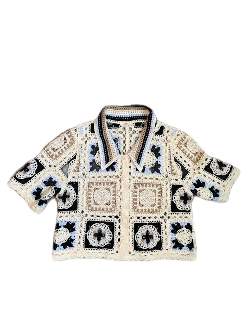 Crochet Patchwork Collared Crop Top in Cream, Black & Light Blue